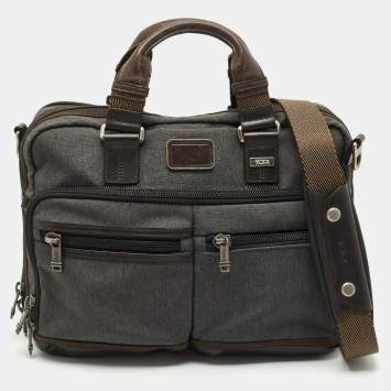 Pre Owned Tumi Grey/Brown Canvas and Leather Andersen Slim Commuter Briefcase Bag