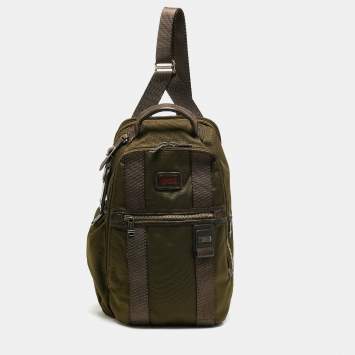 Pre Owned TUMI Greely Green/Brown Leather and Nylon Sling Backpack