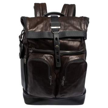 Pre Owned TUMI Black/Metallic Bronze Leather Alpha Bravo London Roll Top Backpack