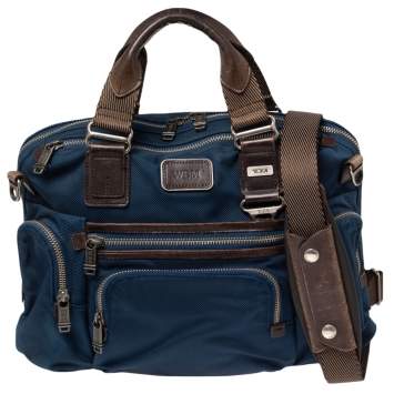 Pre Owned TUMI Blue/Brown Nylon and Leather Alpha Bravo Brooks Slim Briefcase