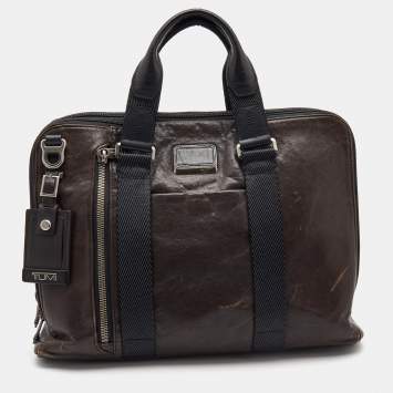 Pre Owned TUMI Dark Brown Leather Alpha Bravo Aviano Slim Briefcase 
