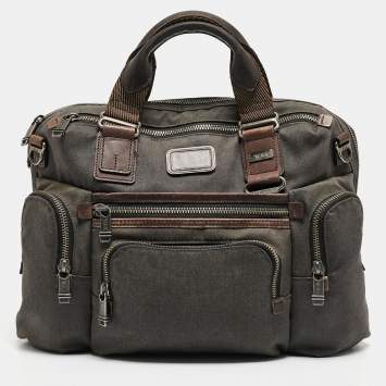Pre Owned Tumi Grey/Brown Denim and Leather Alpha Bravo Brooks Briefcase Bag