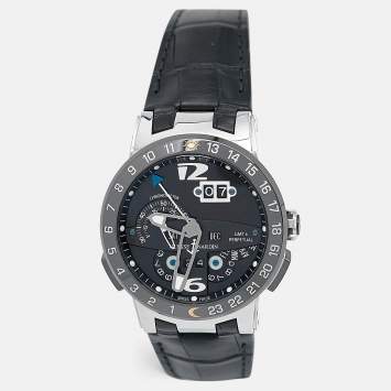 Pre Owned Ulysse Nardin Black Ceramic 18K White Gold Alligator Leather Perpetual Calendar El Toro 320-00 Men's Wristwatch 43 mm