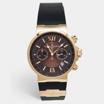 Ulysse Nardin Brown 18K Rose Gold Rubber Maxi Marine 356-66 Men's Wristwatch 41 mm