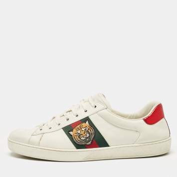 Pre Owned Gucci White Leather Ace Embroidered Tiger Low Top Sneakers Size 44
