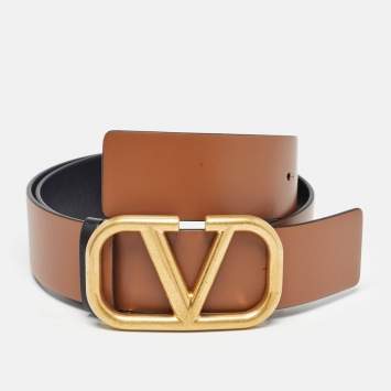 Pre Owned Valentino Brown/Leather Leather VLogo Reversible Belt 80CM