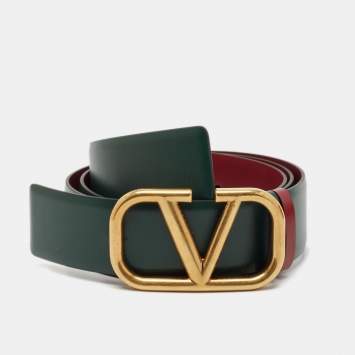 Pre Owned Valentino Green/Red Leather VLogo Reversible Belt 100CM