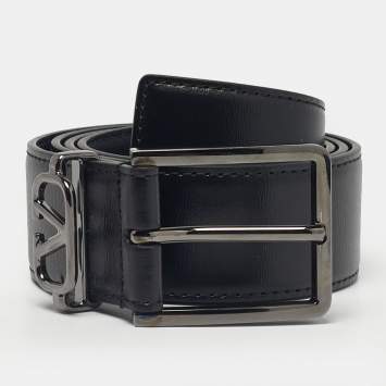 Pre Owned Valentino Black Leather Mini VLogo Buckle Belt 85 CM