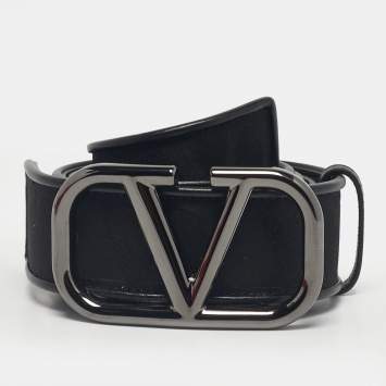 Pre Owned Valentino Black Iconographe Canvas and Leather VLogo Buckle Belt 90 CM