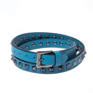 Pre Owned Valentino Blue Leather Double Wrap Rockstud Bracelet