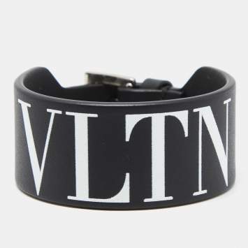 Pre Owned Valentino VLTN Black Leather SIlver Tone Bracelet