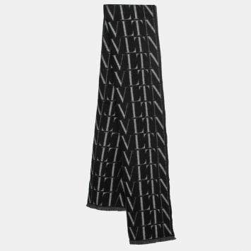 Pre Owned Valentino Black/Grey VLTN Printed Wool and Cashmere Scarf