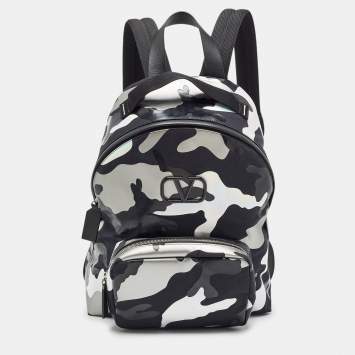 Pre Owned Valentino Black/Metallic Camouflage Fabric and Leather VLogo Backpack