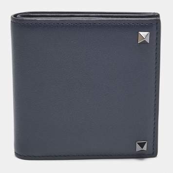 Pre Owned Valentino Navy Blue Leather Rockstud Bifold Wallet