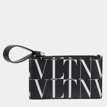 Pre Owned Valentino Black/White Leather VLTN Times Zip Card Holder 