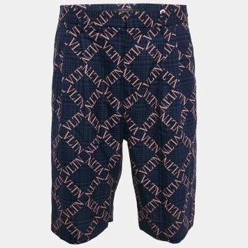 Pre Owned Valentino Navy Blue Logo Print Wool Bermuda Shorts M