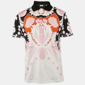 Pre Owned Valentino Black/Pink Floral Print Jersey Polo T-Shirt L