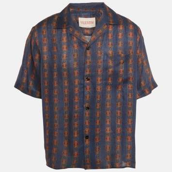 Pre Owned Valentino Blue Print Linen Buttoned Half Sleeve Shirt L