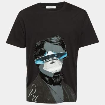 مملوكة مسبقًا تي شيرت فالنتينو X أندركوفر قطن أسود طباعة وجه V UFO بياقة دائرية مقاس كبير - لارج