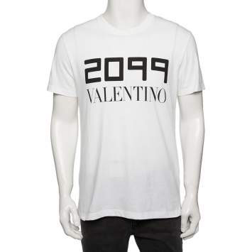 Pre Owned Valentino White Cotton 2099 Logo Printed Round Neck T-Shirt M