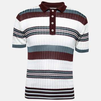 مملوكة مسبقًا Valentino White Multicolor Striped Pattern Knit Shirt M