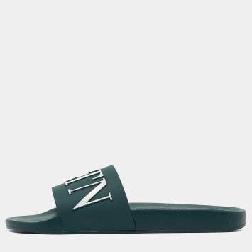 Pre Owned Valentino Green Rubber VLTN Flat Sandals Size 45