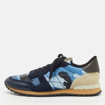 Pre Owned Valentino Multicolor Camouflage Suede,Canvas and Leather Rockrunner Low Top Sneakers Size 45