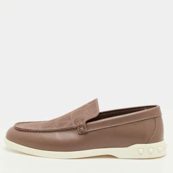 Pre Owned Valentino Rockstud Size 42.5 Clay Brown Signature Canvas and Leather Slip On Loafers