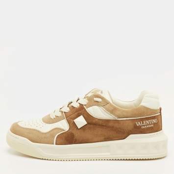 Pre Owned Valentino One Stud XL Size 41.5 Light Brown/White Suede and Leather Low Top Sneakers