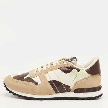 Pre Owned Valentino Rockrunner Size 41.5 Brown/Beige Camouflage Canvas, Leather and Suede Sneakers