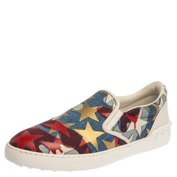 Pre Owned Valentino Multicolor Canvas and Leather Star Printed Camo Slip On Sneakers Size 43