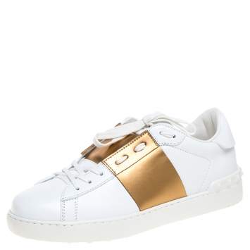 Pre Owned Valentino White and Metallic Gold Band Leather Open Low Top Sneakers Size 40