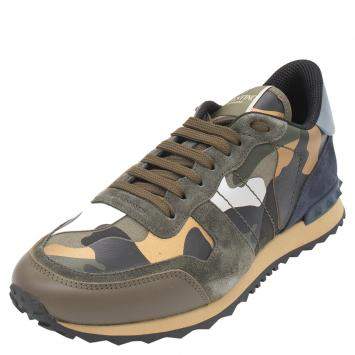 Pre Owned Valentino Army Green Fabric and Leather Camouflage Rockrunner Sneakers Size 42