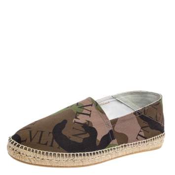 Pre Owned Valentino Camouflage Canvas VLTN Grid Espadrille Flat Sandals Size 44.5