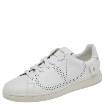 Pre Owned Valentino White Perforated Leather Backnet Rockstud Low Top Sneakers Size 40