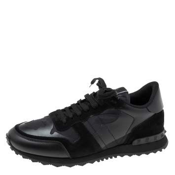 مملوكة مسبقًا Valentino Black Camo Fabric, Leather and Suede Rockrunner Sneakers Size 43