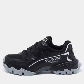 Pre Owned Valentino Black Leather and Mesh Climbers VLogo Sneakers Size 42.5
