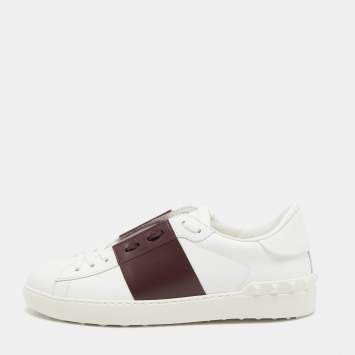 Pre Owned Valentino White/Burgundy Leather Rockstud Low Top Sneakers Size 42