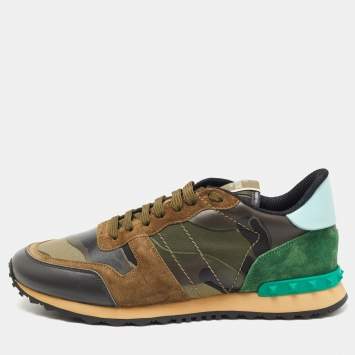 Pre Owned Valentino Green Suede and Leather Rockrunner Low-Top Sneakers Size 42