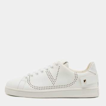 Pre Owned Valentino Garavani White Leather V-Logo Low Top Sneakers Size 39.5