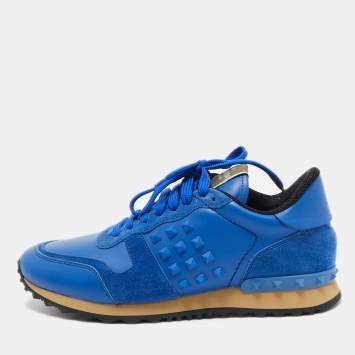 Pre Owned Valentino Blue Leather and Suede Rockrunner Sneakers Size 40