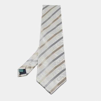 Pre Owned Valentino Vintage Grey Striped Paisley Pattern Jacquard Silk Tie