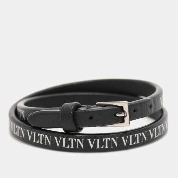 Pre Owned Valentino Black Leather VLTN Double Wrap Bracelet