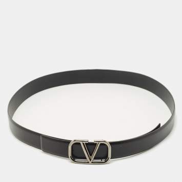 Pre Owned Valentino Black Leather VLogo Buckle Belt 90CM