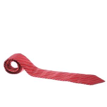 Pre Owned Valentino Red and White Striped Silk Jacquard Traditional Tie