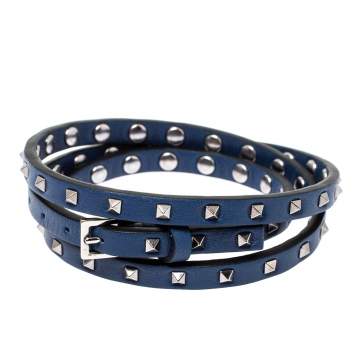 Pre Owned Valentino Rockstud Navy Blue Leather Multi Wrap Bracelet