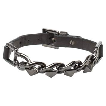 Pre Owned Valentino Gunmetal Tone Chain Rockstud Leather Wrap Bracelet