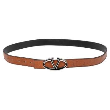 Pre Owned Valentino Tan/Black Leather V Logo Reversible Buckle Belt 105CM