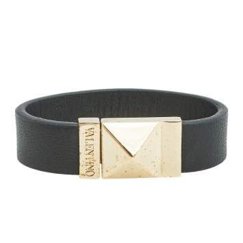 Pre Owned Valentino Black Leather Rockstud Clasp Bracelet