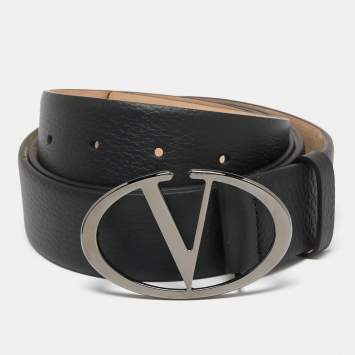Pre Owned Valentino Black Leather V Logo Buckle Belt 110 CM